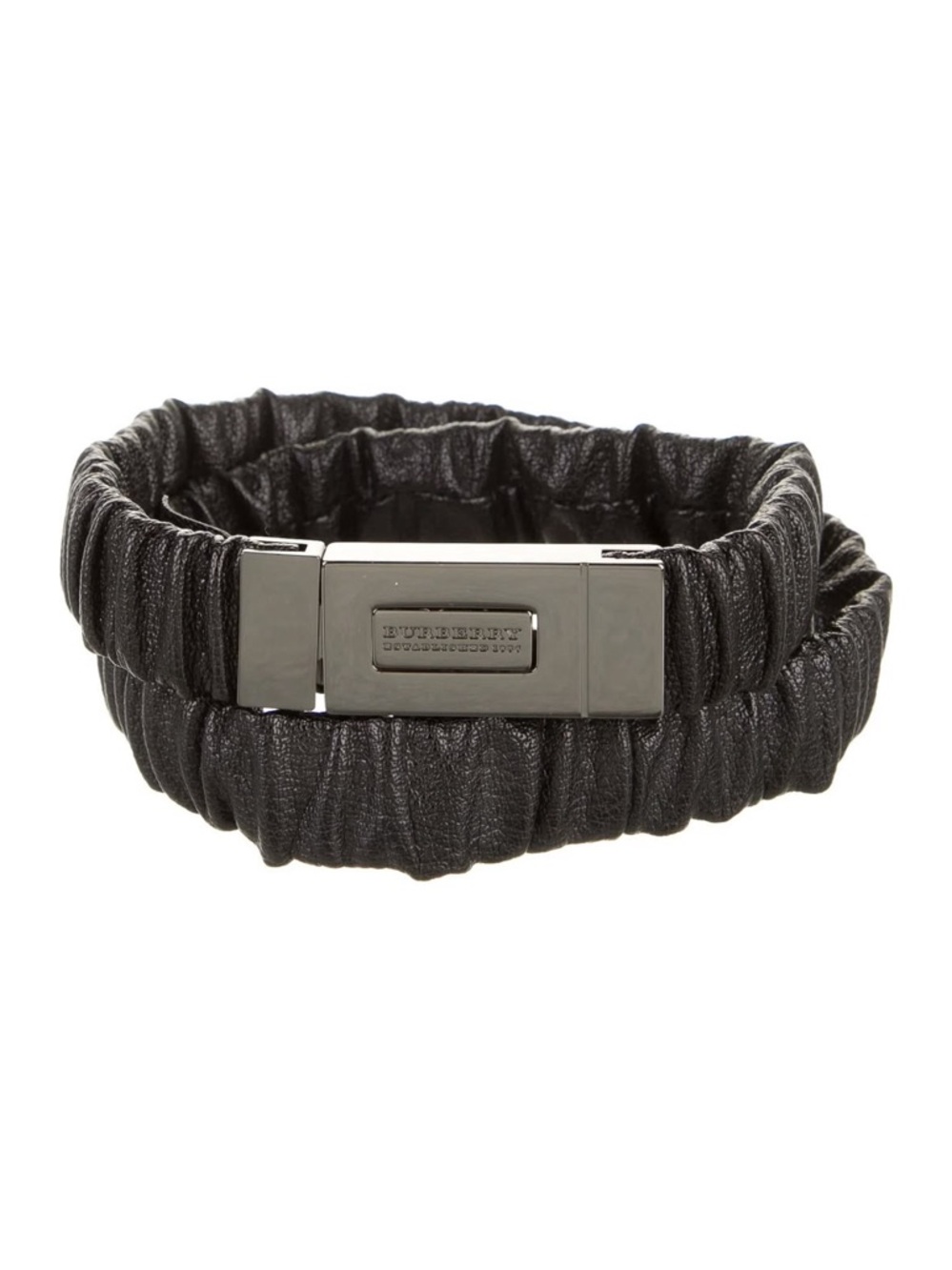 Vintage Burberry Black Gathered Leather Belt with Gunmetal Plaque Buckle